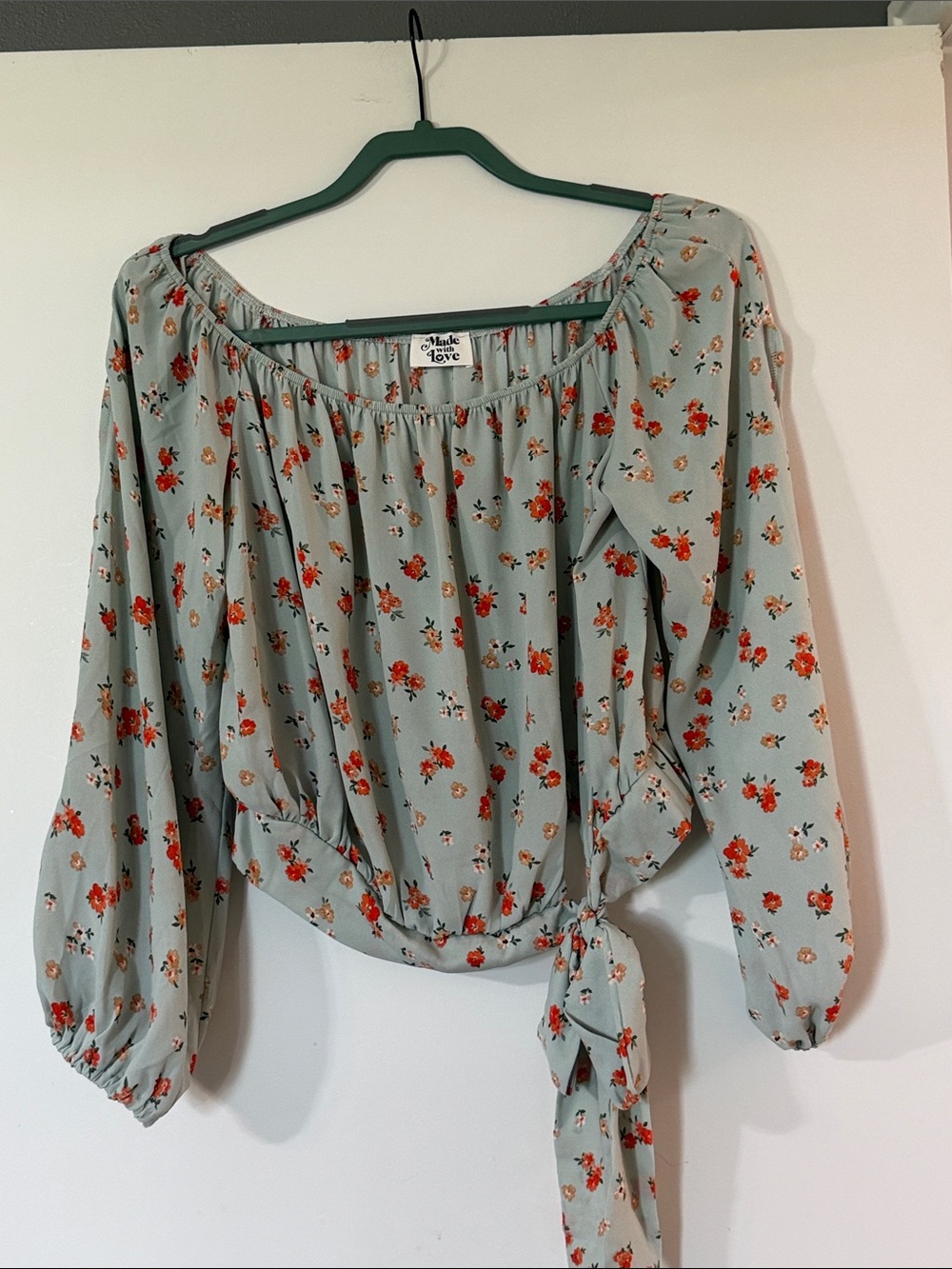Made With Love Sage Green Floral Off-Shoulder Tie-Hem Blouse- NWOT
